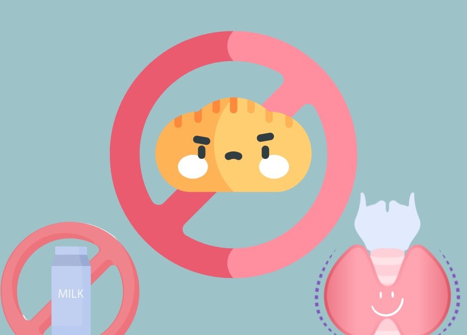 Illustration of a grumpy bread roll and a milk carton inside red prohibition signs, next to a smiling thyroid gland