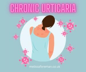 Woman seen from behind scratching her neck with red hives on her back and arm, surrounded by pink virus-like particles, with text reading Chronic Urticaria
