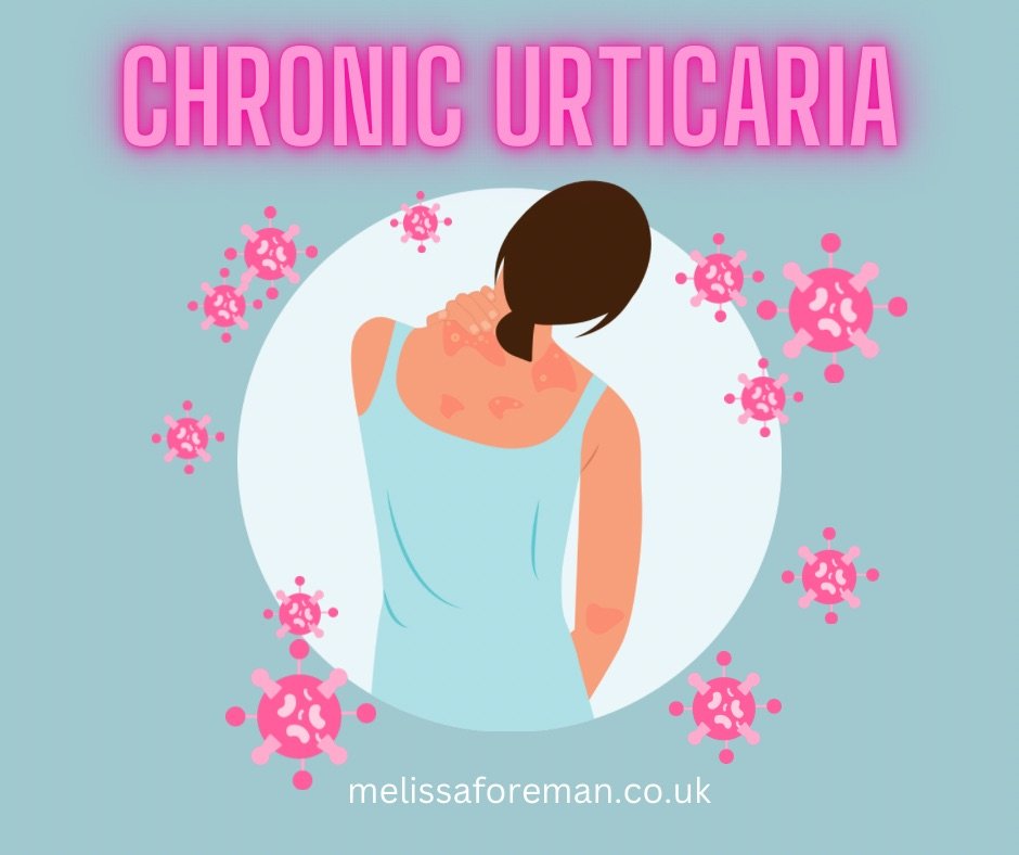 Woman seen from behind scratching her neck with red hives on her back and arm, surrounded by pink virus-like particles, with text reading Chronic Urticaria