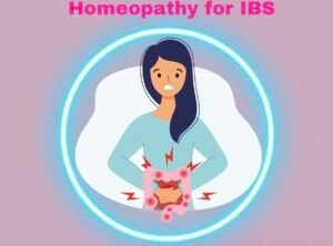 Illustration of a woman clutching her stomach with the intestines highlighted in red, with text reading Homeopathy for IBS
