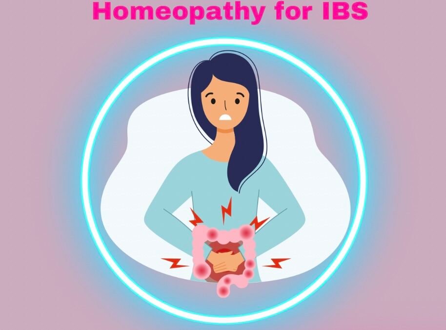 Illustration of a woman clutching her stomach with the intestines highlighted in red, with text reading Homeopathy for IBS