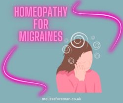 Illustration of a woman holding her face with dizzy swirls around her head, with text reading Homeopathy for Migraines