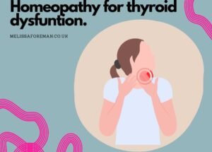 Woman holding her throat with a red highlight over the thyroid, with text reading Homeopathy for thyroid dysfunction