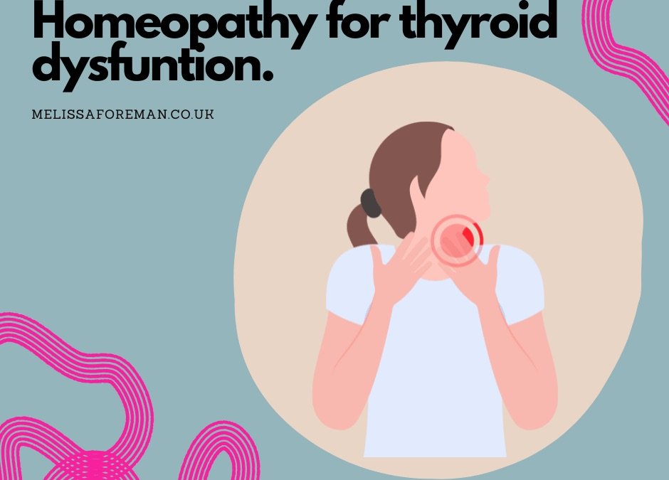 Woman holding her throat with a red highlight over the thyroid, with text reading Homeopathy for thyroid dysfunction