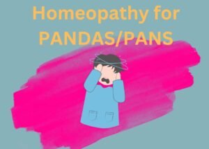 Illustration of a distressed child holding their head with dizzy swirls above, with text reading Homeopathy for PANDAS/PANS