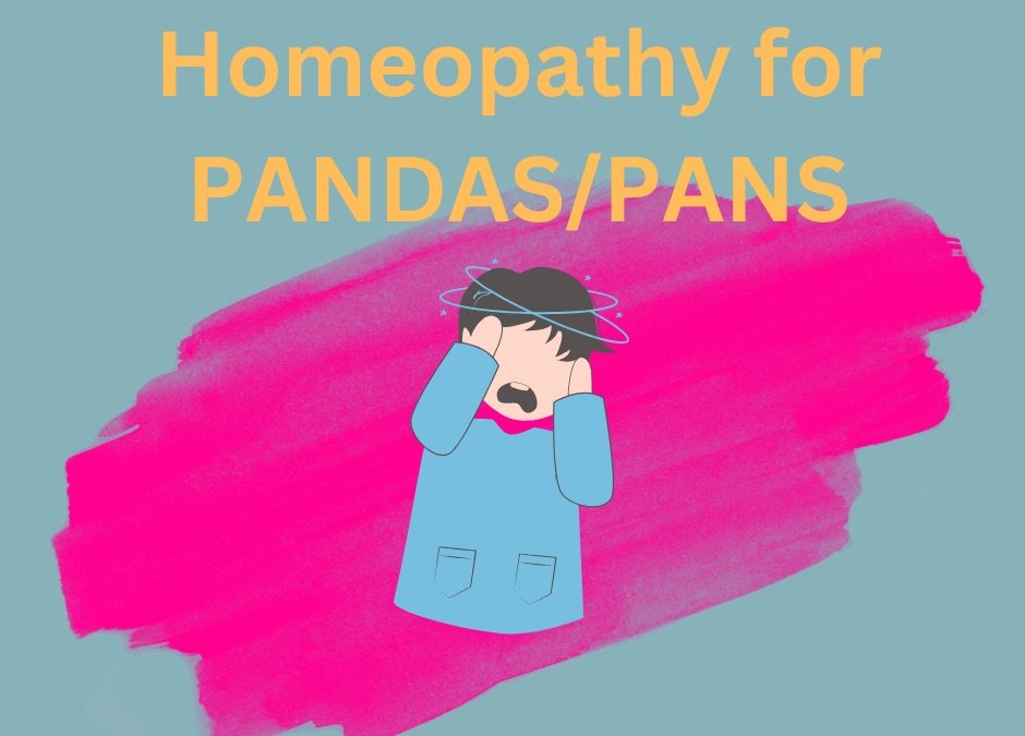 Illustration of a distressed child holding their head with dizzy swirls above, with text reading Homeopathy for PANDAS/PANS