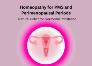 Illustration of a uterus and ovaries with a drop of blood, with text reading Homeopathy for PMS and Perimenopausal Periods