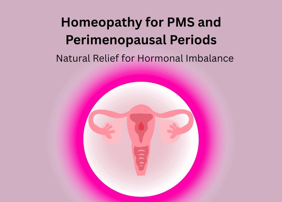 Illustration of a uterus and ovaries with a drop of blood, with text reading Homeopathy for PMS and Perimenopausal Periods