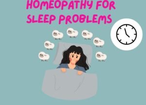 Illustration of a worried woman awake in bed with sheep circling above her and a clock, with text reading Homeopathy for Sleep Problems