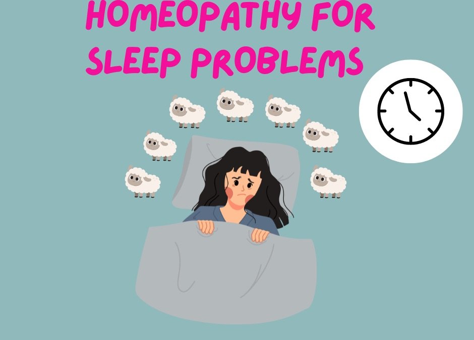 Illustration of a worried woman awake in bed with sheep circling above her and a clock, with text reading Homeopathy for Sleep Problems