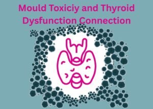 Thyroid gland illustration surrounded by dark mould spores, with text Mould Toxicity and Thyroid Dysfunction Connection