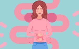 Illustration of a woman with her eyes closed holding her stomach, with a large pink intestine shape behind her