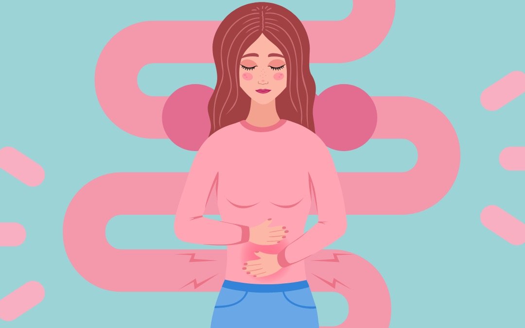 Illustration of a woman with her eyes closed holding her stomach, with a large pink intestine shape behind her